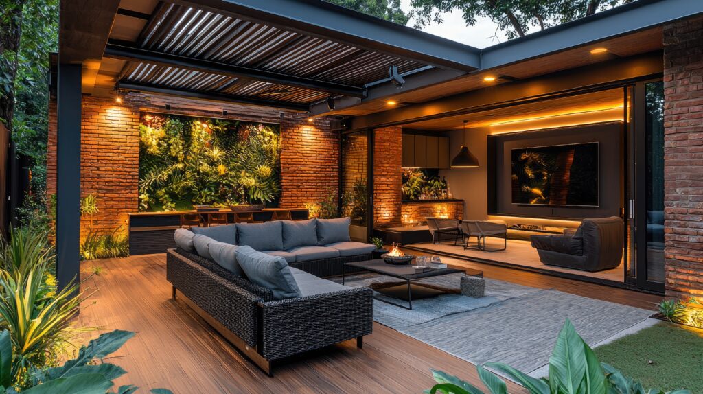 modern decoration room of Outdoor Patio view from any angle --no text --ar 16:9 --quality 2 --style raw --stylize 250 --v 6.1 Job ID: 87fa4bab-7e61-473c-bc1a-1751277904a8